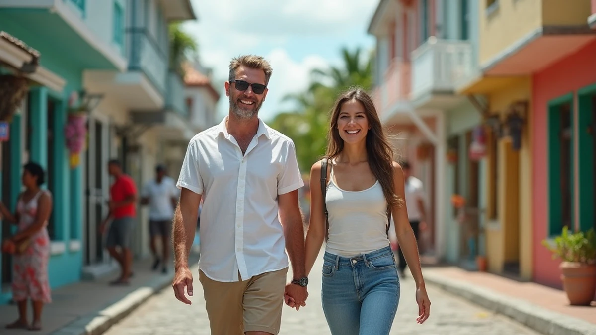 Pärchen bei einem romantischen Spaziergang auf den Straßen von Antigua und Barbuda