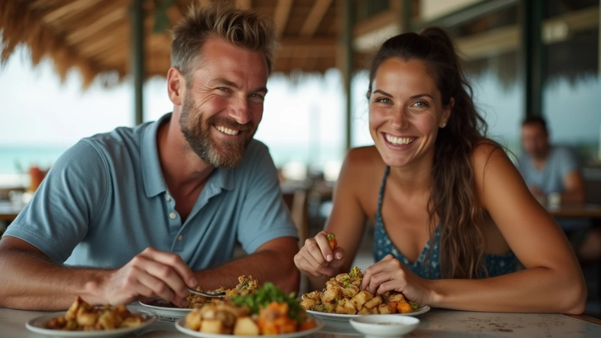 Ein internationales Paar teilt ein traditionelles Essen in einem Restaurant in Bahamas