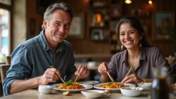 Ein internationales Paar teilt ein traditionelles Essen in einem Restaurant in Bolivien