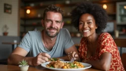 Ein internationales Paar teilt ein traditionelles Essen in einem Restaurant in Burkina Faso