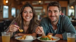 Ein internationales Paar teilt ein traditionelles Essen in einem Restaurant in Chile
