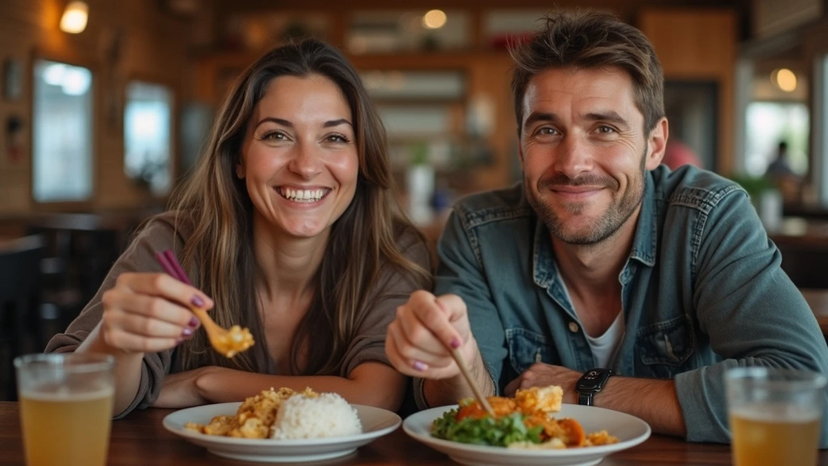 Ein internationales Paar teilt ein traditionelles Essen in einem Restaurant in Chile