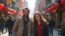 Pärchen bei einem romantischen Spaziergang auf den Straßen von China