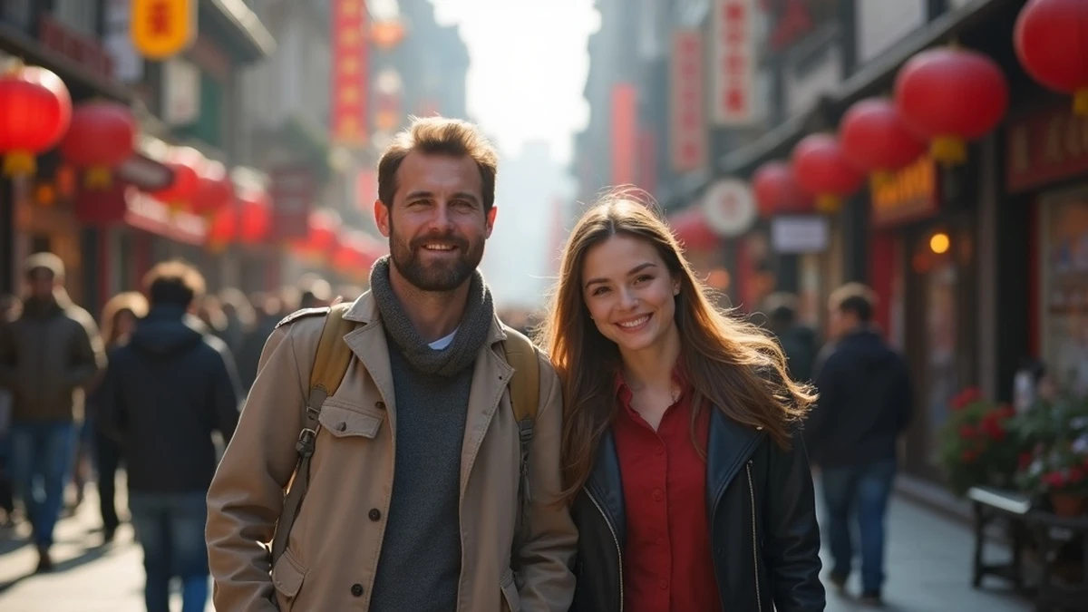 Pärchen bei einem romantischen Spaziergang auf den Straßen von China