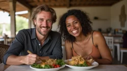 Ein internationales Paar teilt ein traditionelles Essen in einem Restaurant in Dschibuti