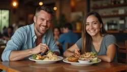 Ein internationales Paar teilt ein traditionelles Essen in einem Restaurant in El Salvador