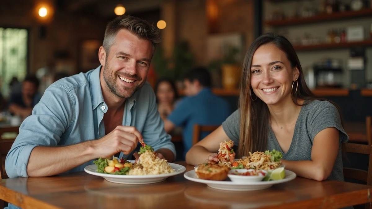 Ein internationales Paar teilt ein traditionelles Essen in einem Restaurant in El Salvador