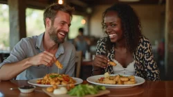 Ein internationales Paar teilt ein traditionelles Essen in einem Restaurant in Elfenbeinküste