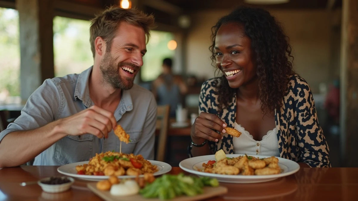 Ein internationales Paar teilt ein traditionelles Essen in einem Restaurant in Elfenbeinküste