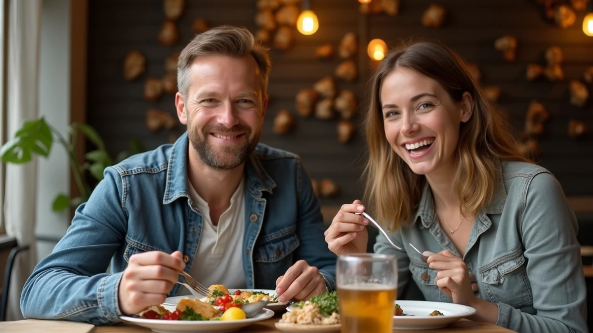 Ein internationales Paar teilt ein traditionelles Essen in einem Restaurant in Frankreich