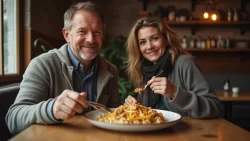 Ein internationales Paar teilt ein traditionelles Essen in einem Restaurant in Georgien