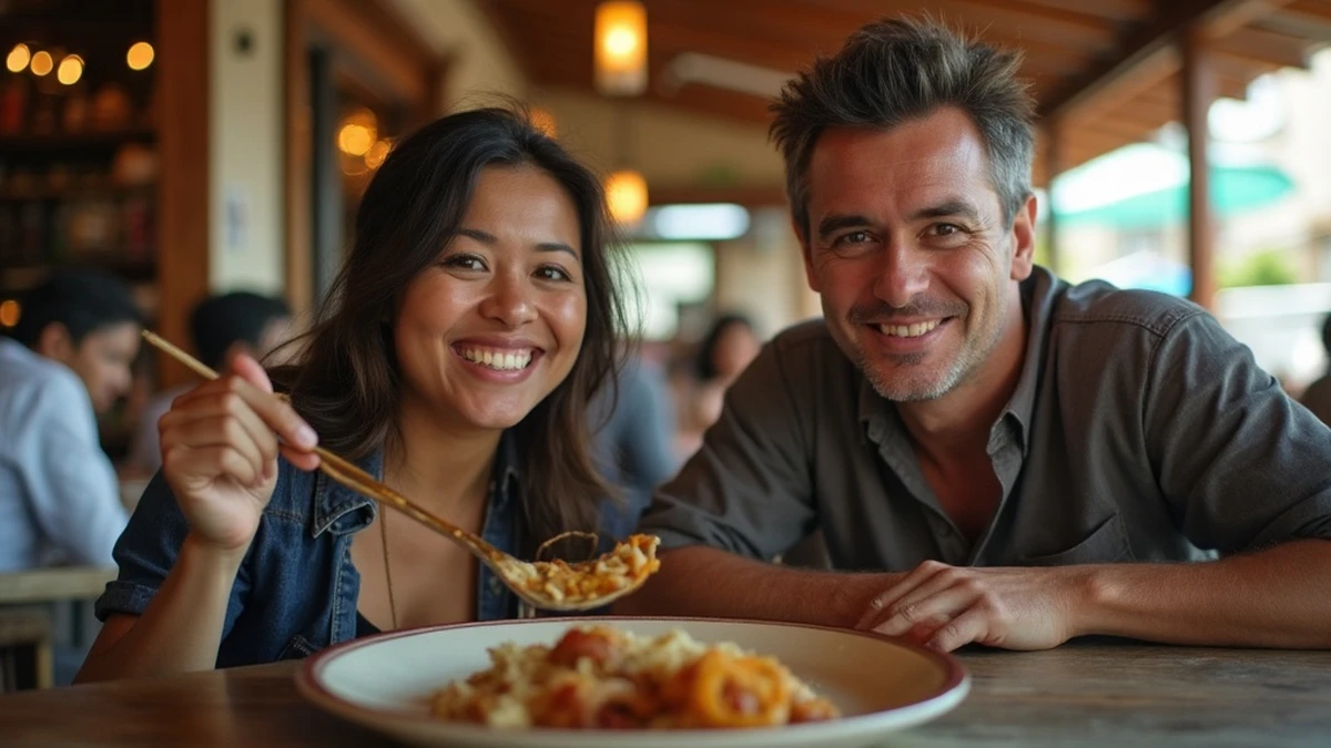 Ein internationales Paar teilt ein traditionelles Essen in einem Restaurant in Guatemala
