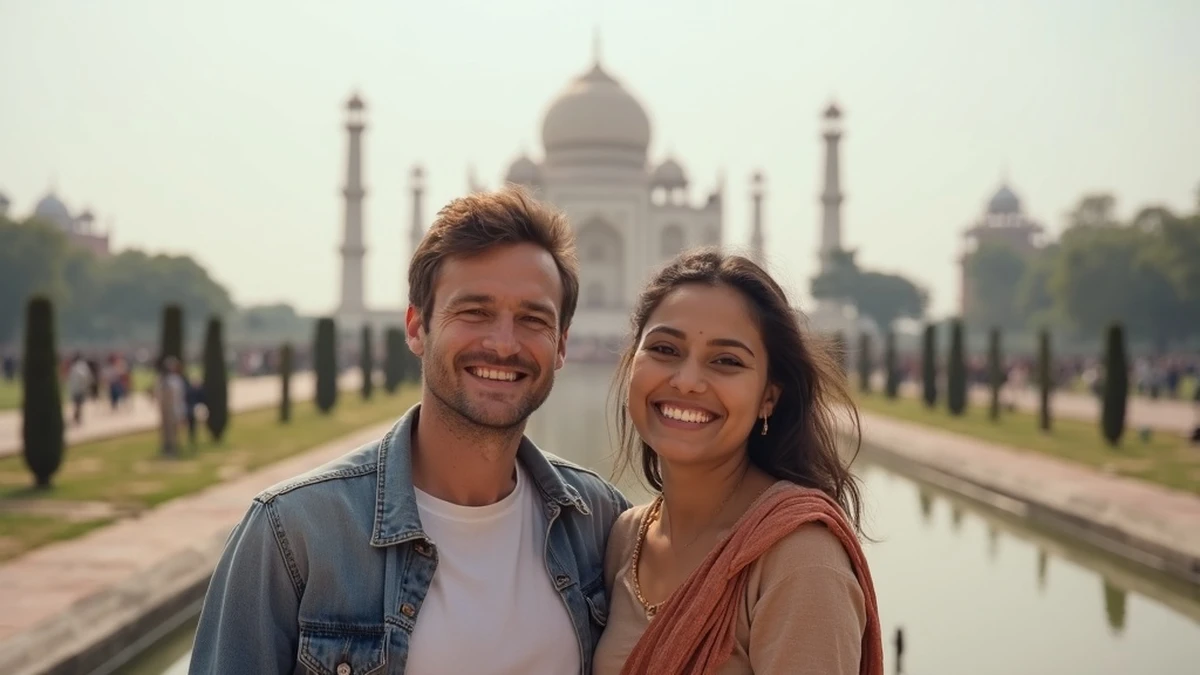 Interkulturelles Paar besucht gemeinsam eine Sehenswürdigkeit in Indien