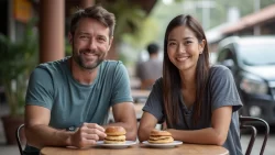 Zwei Singles aus verschiedenen Ländern genießen einen Kaffee in Indonesien