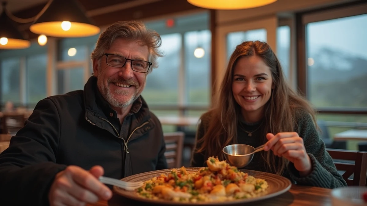 Ein internationales Paar teilt ein traditionelles Essen in einem Restaurant in Island