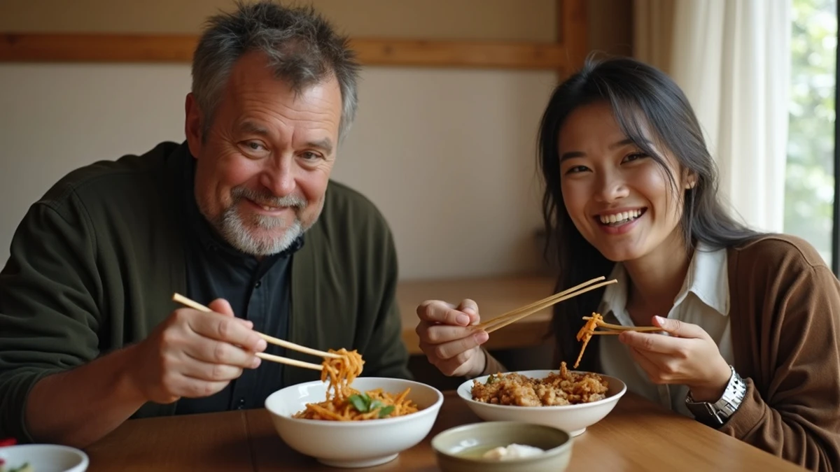 Ein internationales Paar teilt ein traditionelles Essen in einem Restaurant in Japan