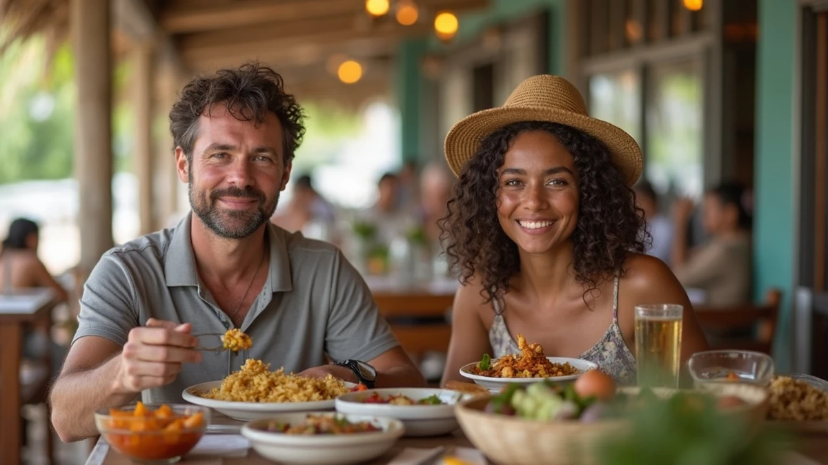 Ein internationales Paar teilt ein traditionelles Essen in einem Restaurant in Kap Verde