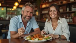 Ein internationales Paar teilt ein traditionelles Essen in einem Restaurant in Kolumbien