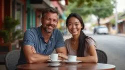 Zwei Singles aus verschiedenen Ländern genießen einen Kaffee in Laos