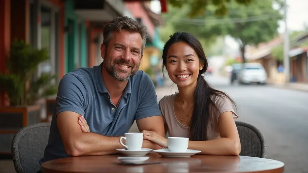 Zwei Singles aus verschiedenen Ländern genießen einen Kaffee in Laos