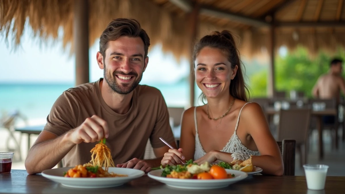 Ein internationales Paar teilt ein traditionelles Essen in einem Restaurant in Malediven