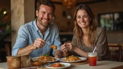 Ein internationales Paar teilt ein traditionelles Essen in einem Restaurant in Mali