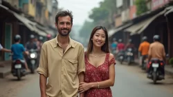 Pärchen bei einem romantischen Spaziergang auf den Straßen von Myanmar-Birma