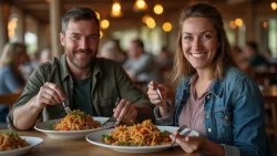 Ein internationales Paar teilt ein traditionelles Essen in einem Restaurant in Namibia