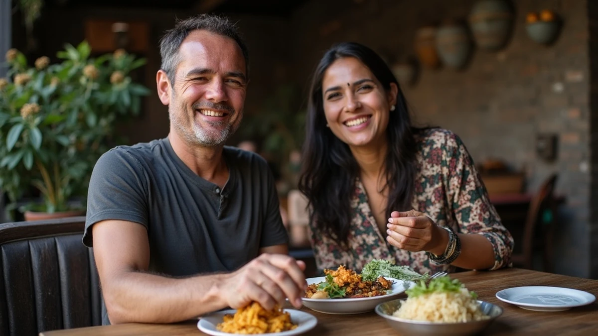 Ein internationales Paar teilt ein traditionelles Essen in einem Restaurant in Nepal