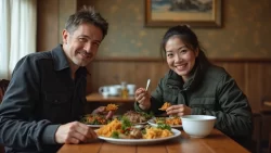 Ein internationales Paar teilt ein traditionelles Essen in einem Restaurant in Nordkorea