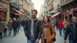 Pärchen bei einem romantischen Spaziergang auf den Straßen von Nordmazedonien