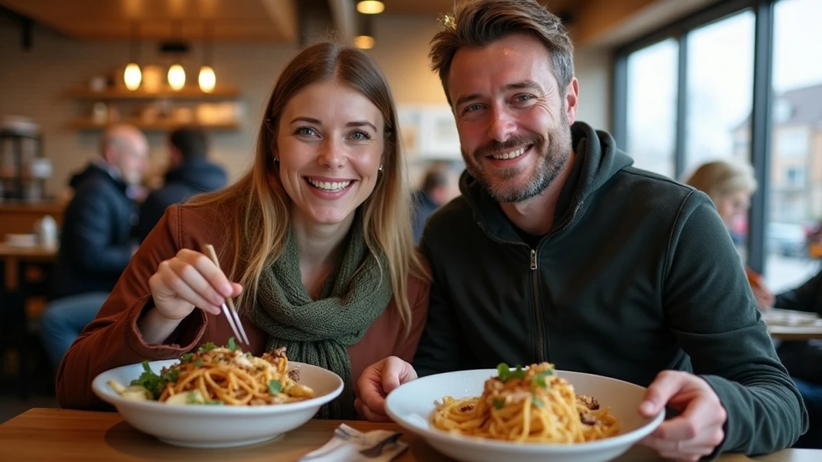 Ein internationales Paar teilt ein traditionelles Essen in einem Restaurant in Norwegen
