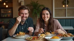 Ein internationales Paar teilt ein traditionelles Essen in einem Restaurant in Pakistan