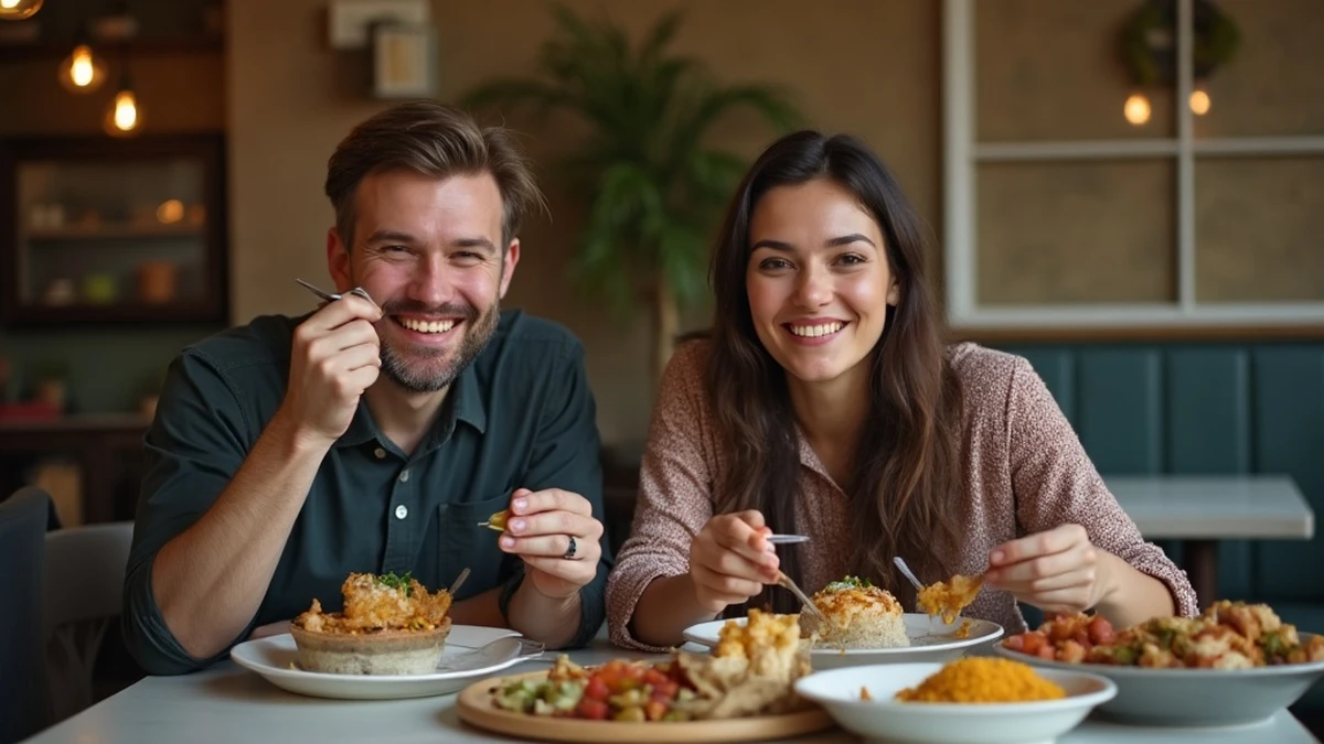 Ein internationales Paar teilt ein traditionelles Essen in einem Restaurant in Pakistan