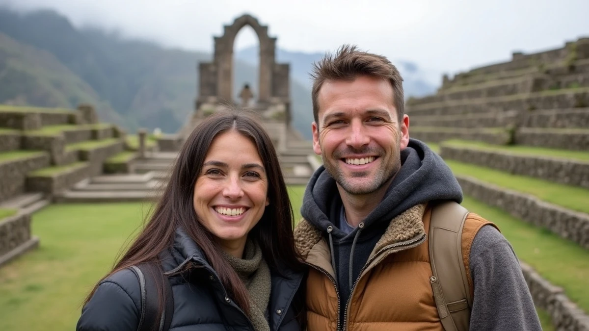 Interkulturelles Paar besucht gemeinsam eine Sehenswürdigkeit in Peru