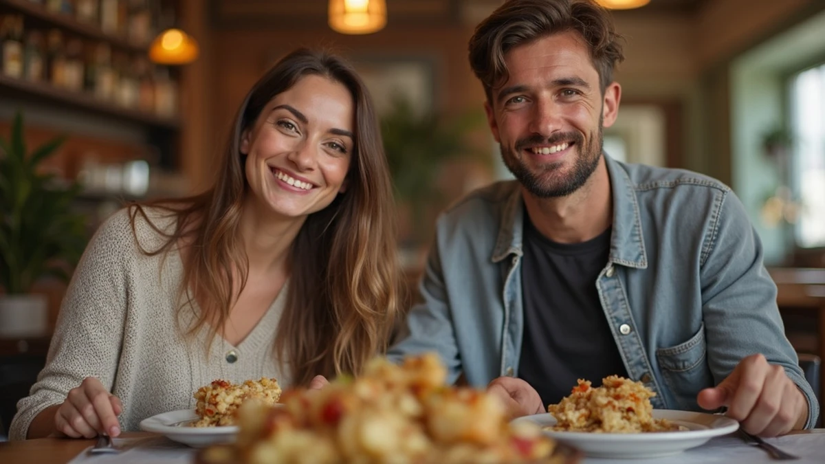 Ein internationales Paar teilt ein traditionelles Essen in einem Restaurant in Portugal