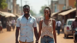 Pärchen bei einem romantischen Spaziergang auf den Straßen von Sambia