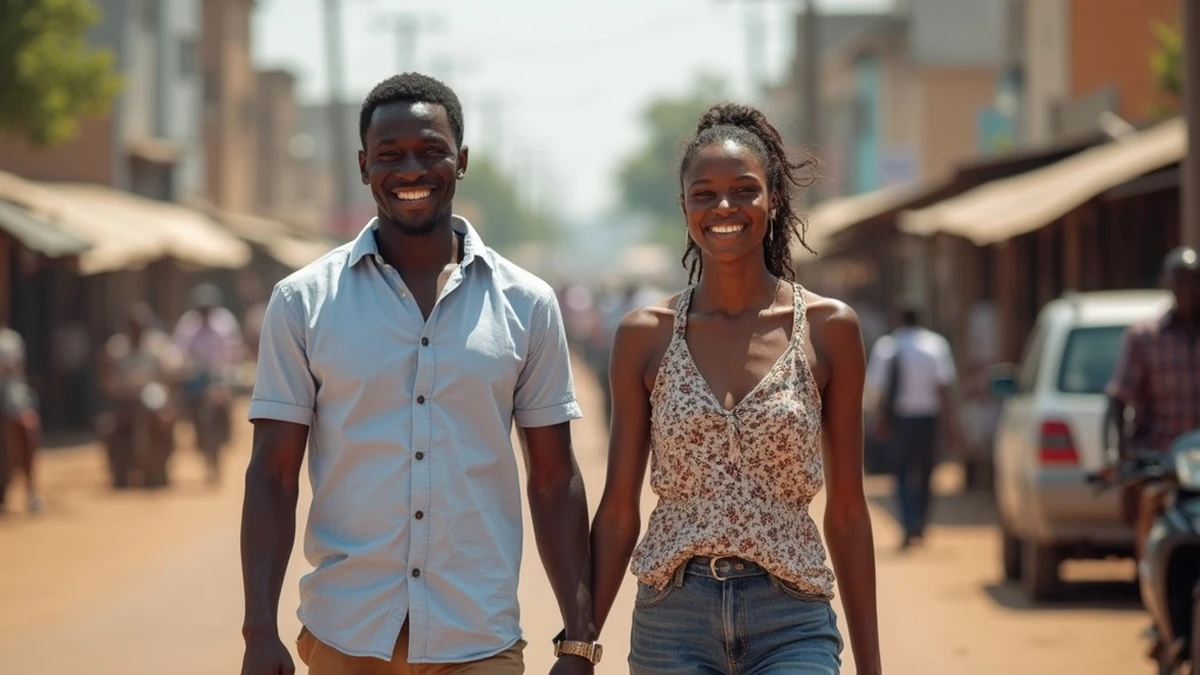 Pärchen bei einem romantischen Spaziergang auf den Straßen von Sambia