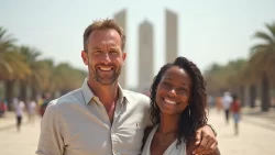 Interkulturelles Paar besucht gemeinsam eine Sehenswürdigkeit in Senegal