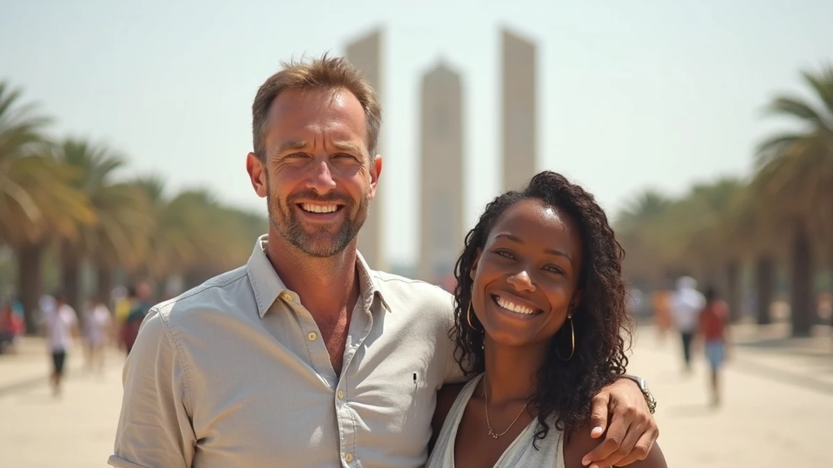 Interkulturelles Paar besucht gemeinsam eine Sehenswürdigkeit in Senegal
