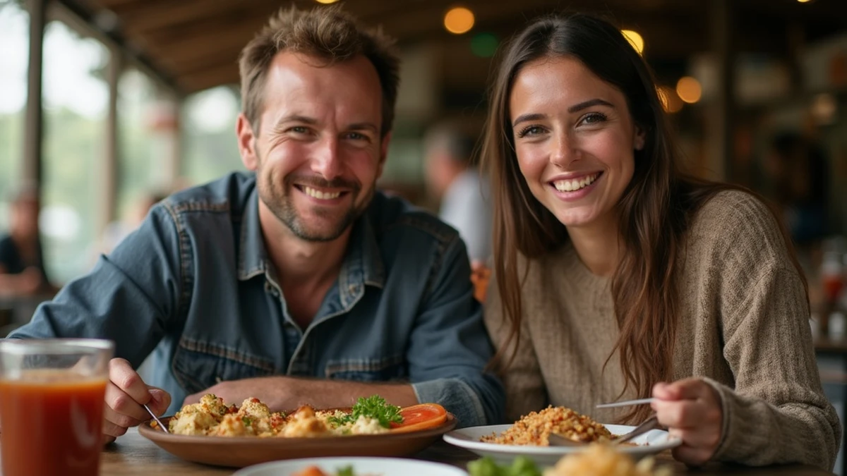 Ein internationales Paar teilt ein traditionelles Essen in einem Restaurant in Simbabwe