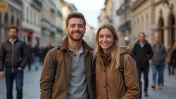 Pärchen bei einem romantischen Spaziergang auf den Straßen von Slowenien.