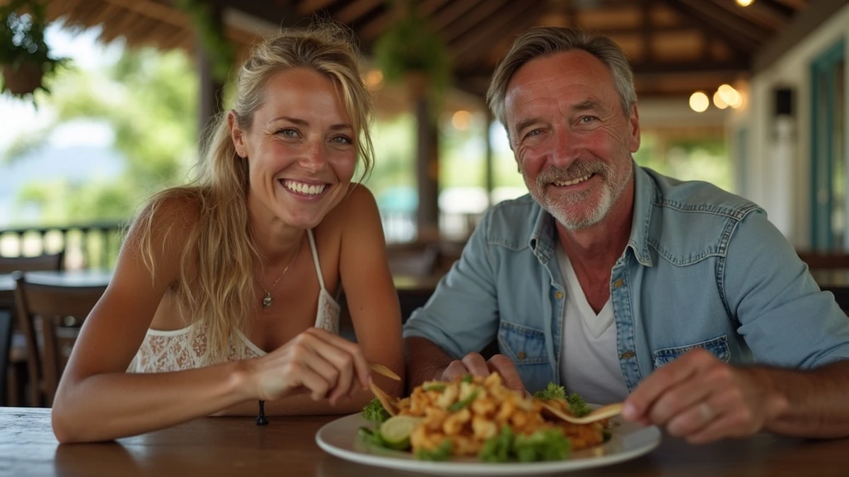 Ein internationales Paar teilt ein traditionelles Essen in einem Restaurant in St. Lucia