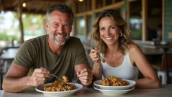 Ein internationales Paar teilt ein traditionelles Essen in einem Restaurant in St. Vincent und die Grenadinen