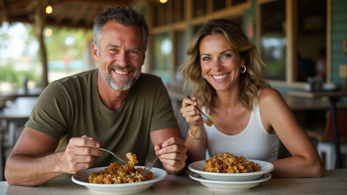 Ein internationales Paar teilt ein traditionelles Essen in einem Restaurant in St. Vincent und die Grenadinen