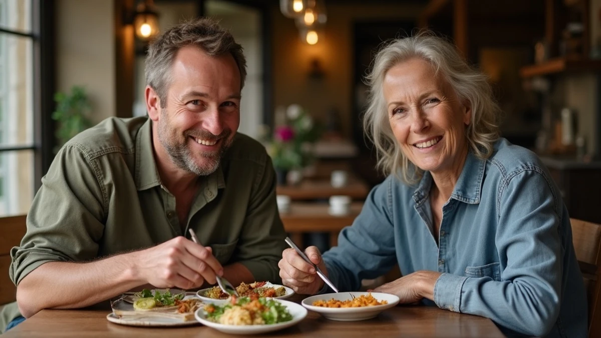 Ein internationales Paar teilt ein traditionelles Essen in einem Restaurant in Tansania