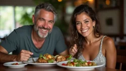 Ein internationales Paar teilt ein traditionelles Essen in einem Restaurant in Trinidad und Tobago