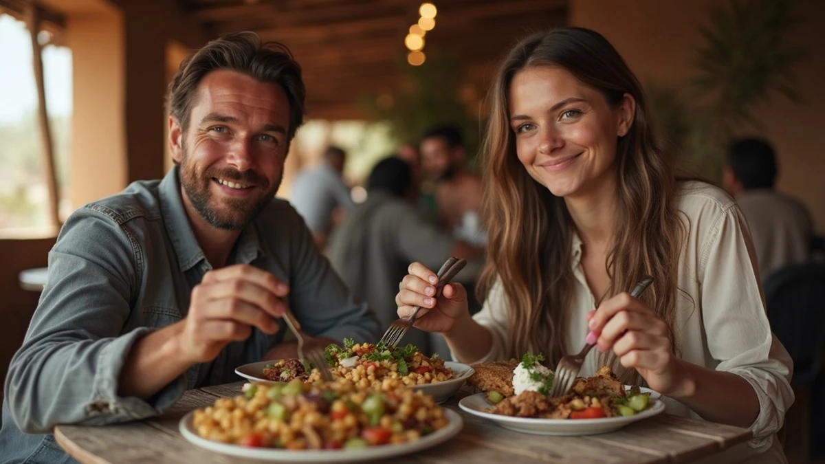 Ein internationales Paar teilt ein traditionelles Essen in einem Restaurant in Tschad