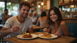 Ein internationales Paar teilt ein traditionelles Essen in einem Restaurant in Venezuela