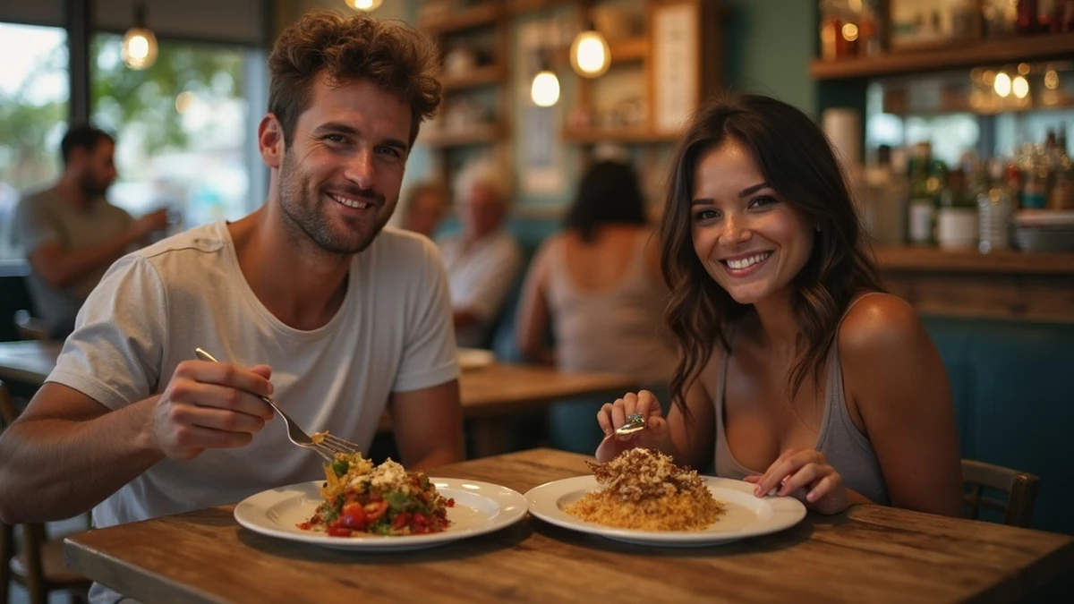Ein internationales Paar teilt ein traditionelles Essen in einem Restaurant in Venezuela
